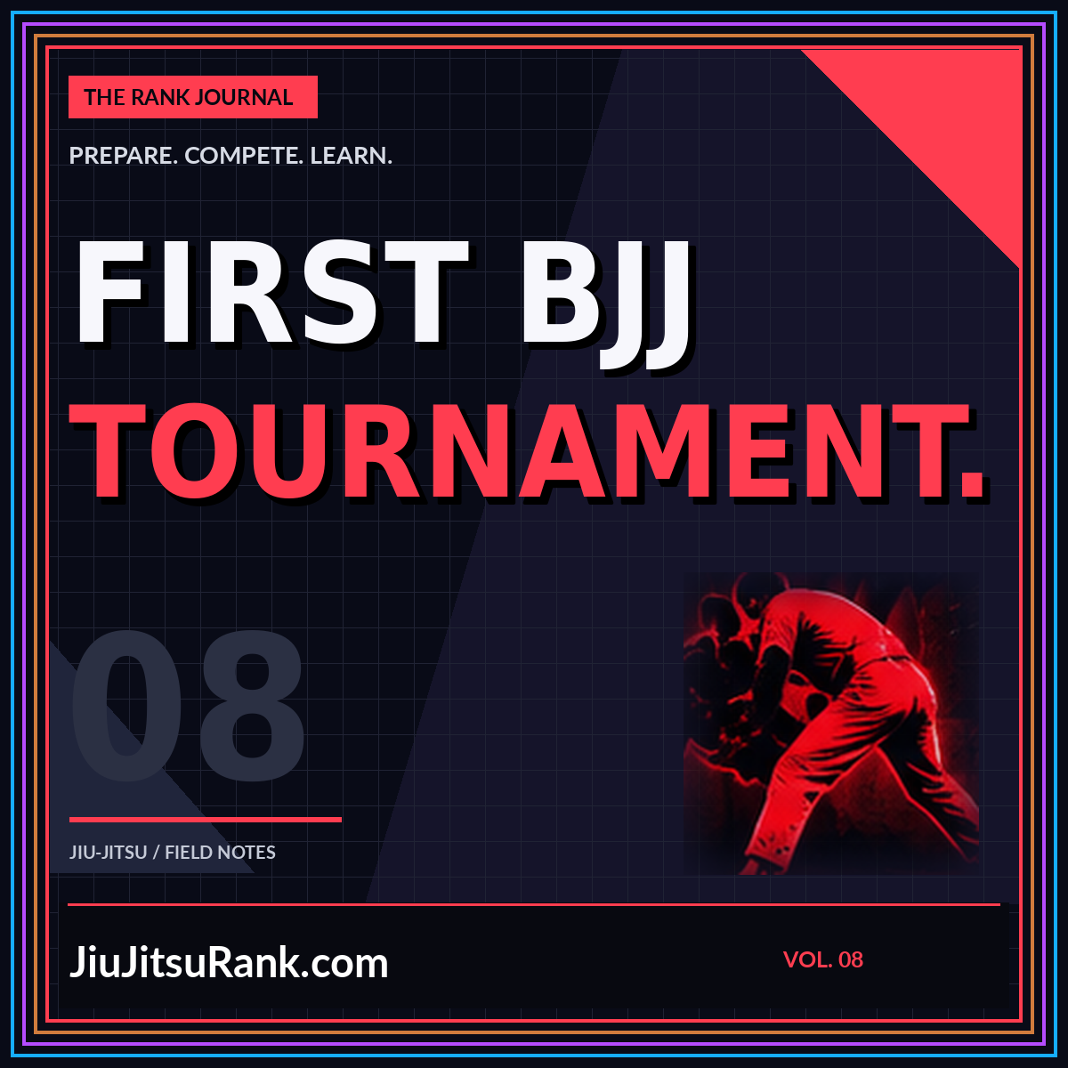 Red First BJJ Tournament typography with two stylized grapplers.