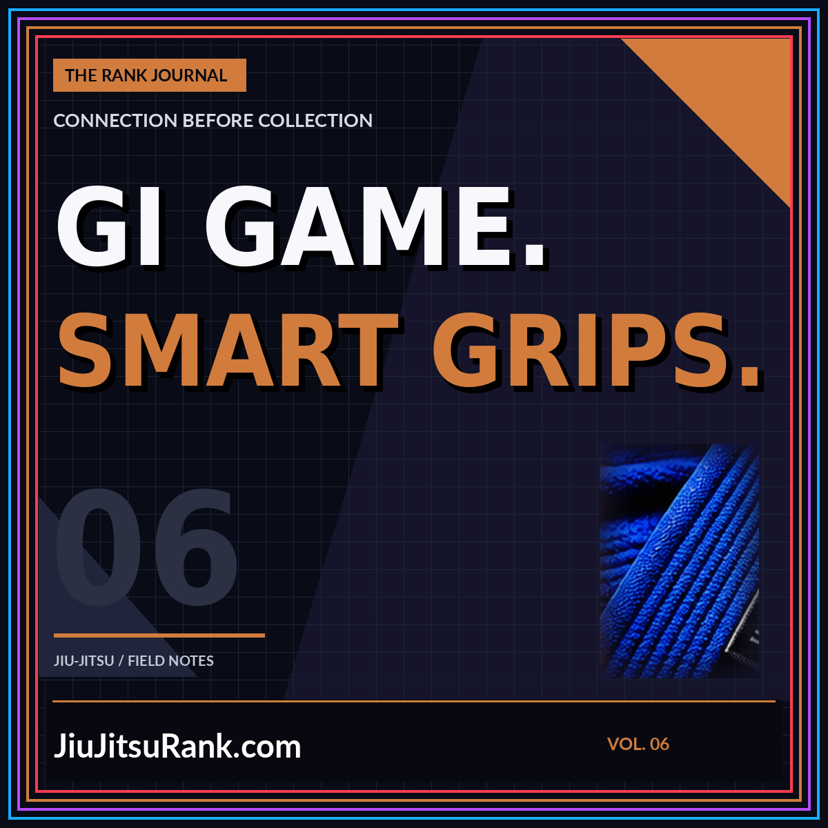 Copper brown Gi Game Smart Grips social card with blue woven gi fabric.