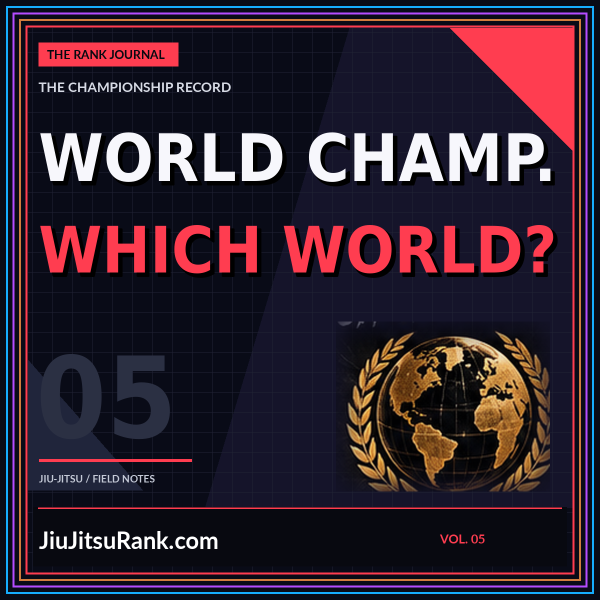 Red World Champ Which World typography with a championship globe motif.
