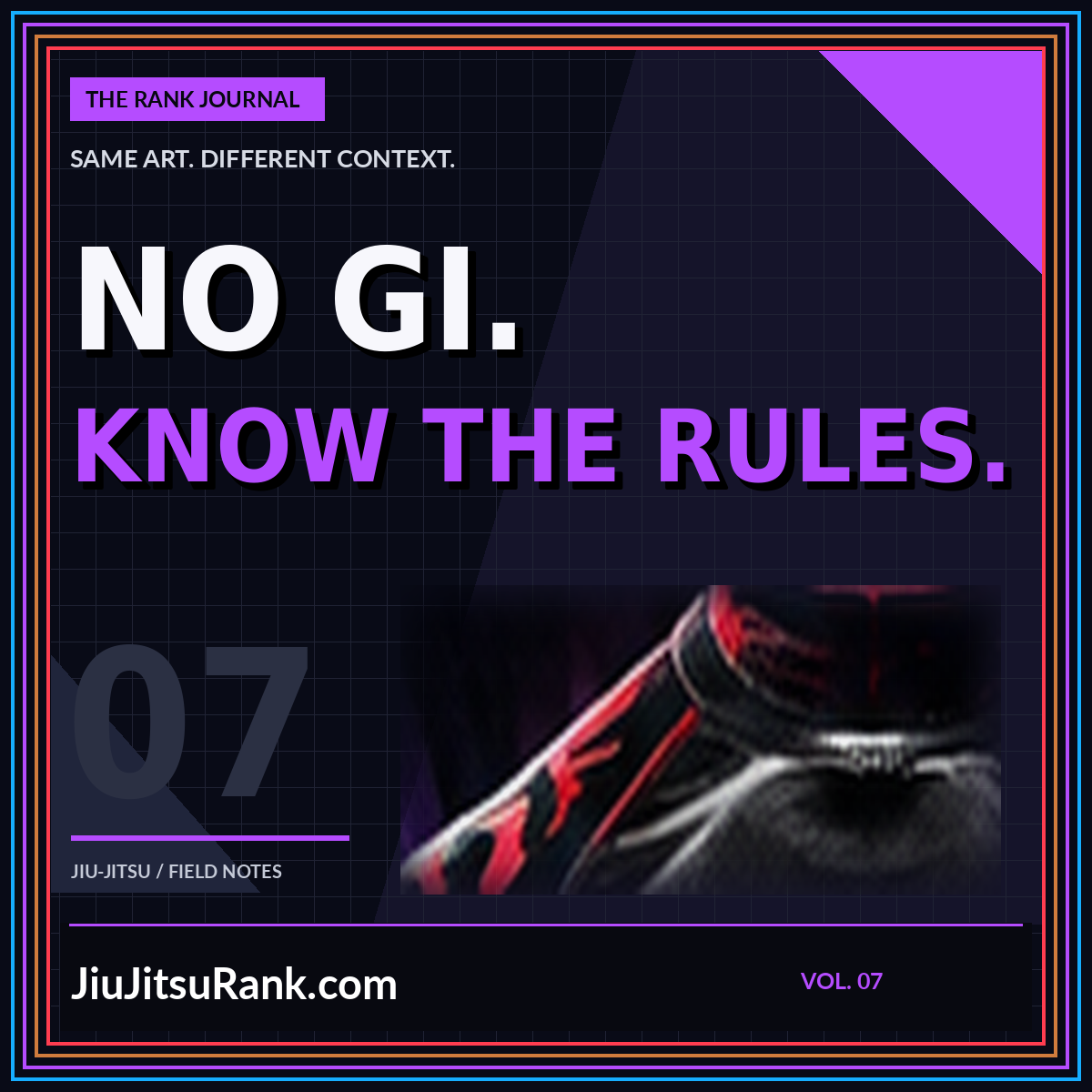 Purple No Gi Know the Rules typography with a grappling rash guard motif.