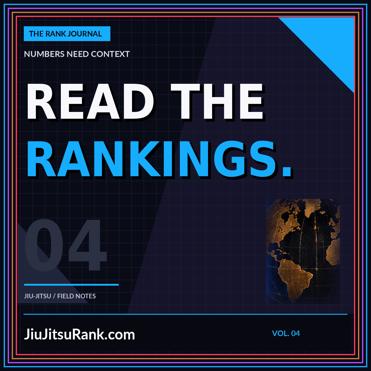 Blue Read the Rankings typography with a globe and multicolor neon border.