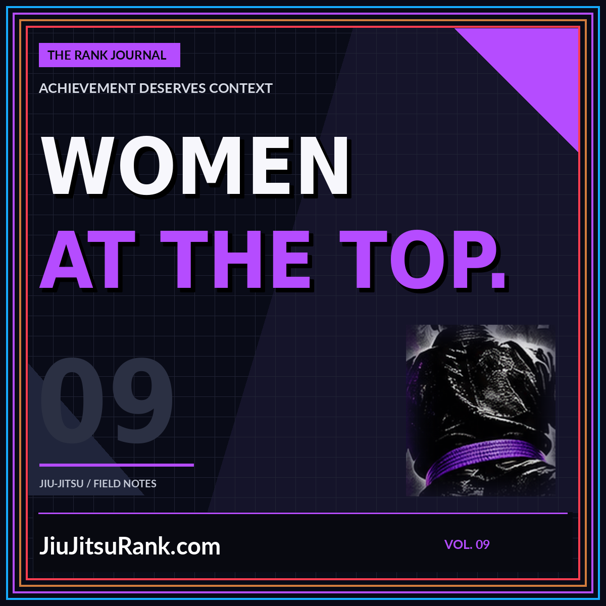 Purple Women at the Top typography with a woman wearing a jiu-jitsu gi.